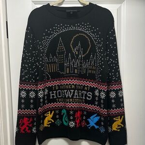 Black Hogwarts Holiday Crewneck Sweater with Multicolor House Motifs